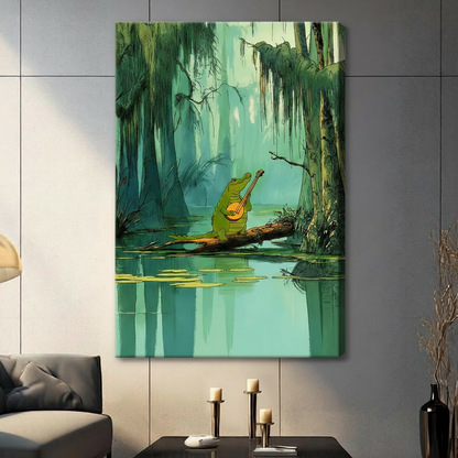 Frameless stretched canvas print of a cartoon alligator strumming a banjo on a fallen log surrounded by cypress trees and lily pads in a teal green bayou