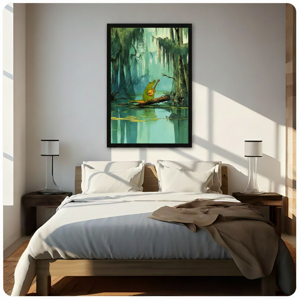 Cartoon alligator playing banjo in misty bayou swamp wall art in black frame mounted above bed in bright minimalist bedroom with warm morning sunlight