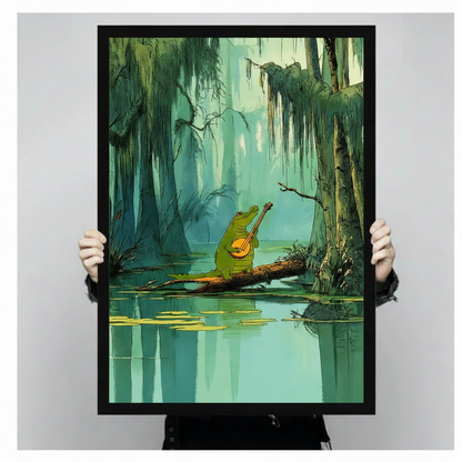 Person holding large black framed cartoon art print showing a green alligator playing banjo on a log in a moody cypress swamp with lily pad reflections