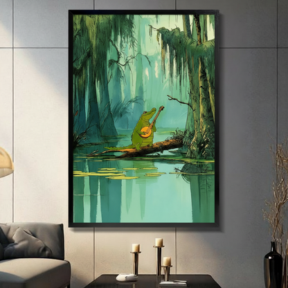 Whimsical cartoon alligator playing banjo on a log in a misty green swamp, displayed in black frame on dark gray tiled wall in modern living room with candles
