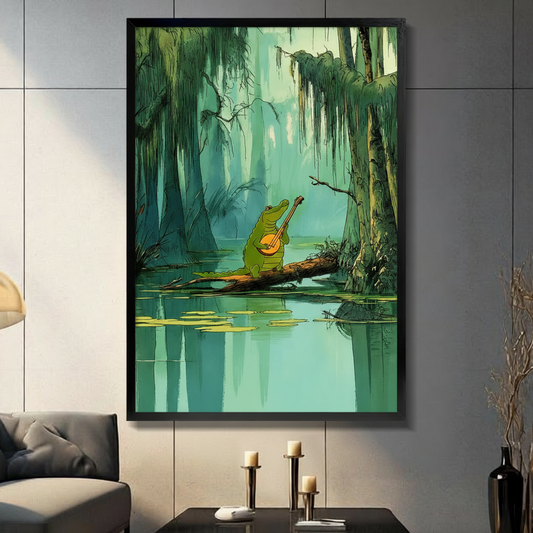 Whimsical cartoon alligator playing banjo on a log in a misty green swamp, displayed in black frame on dark gray tiled wall in modern living room with candles
