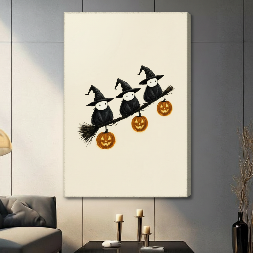 Halloween witch birds with jack-o-lantern pumpkins canvas print displayed on living room wall above sofa