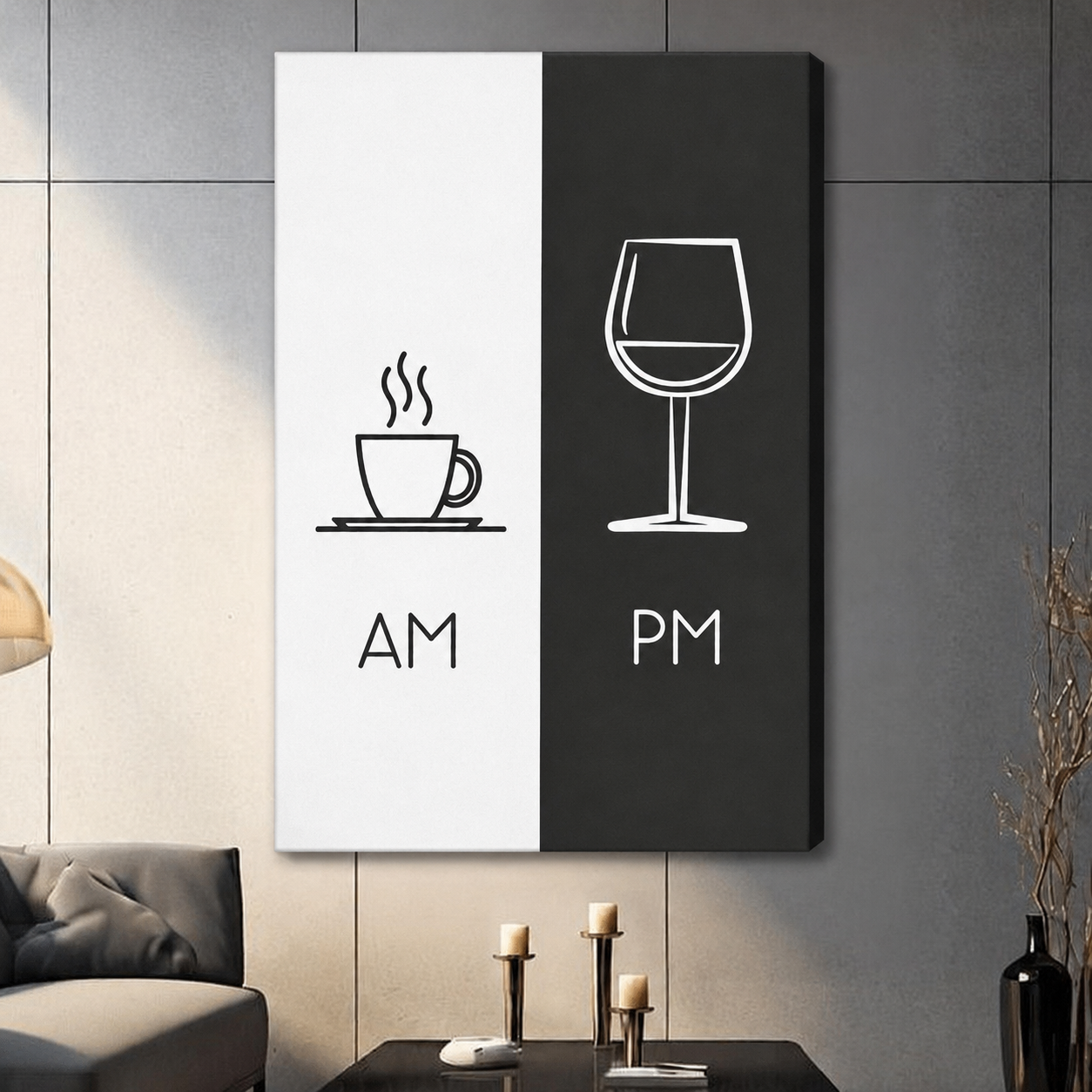 Frameless canvas wrap of AM coffee cup and PM wine glass split design – contemporary black white wall art for living room