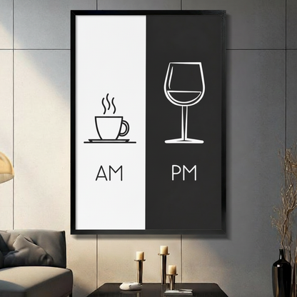 Minimalist black and white AM coffee PM wine framed wall art on dark grey wall – modern living room décor