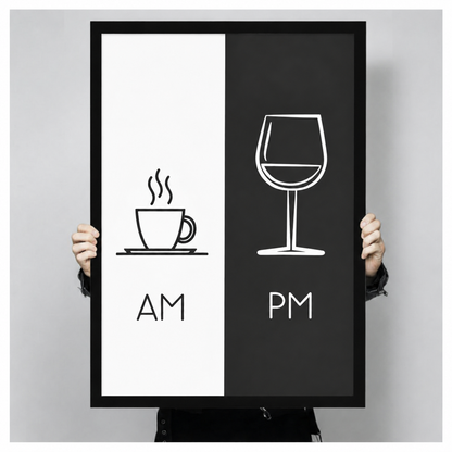 Hand-held black framed AM PM coffee wine split print – minimalist black white wall art size reference