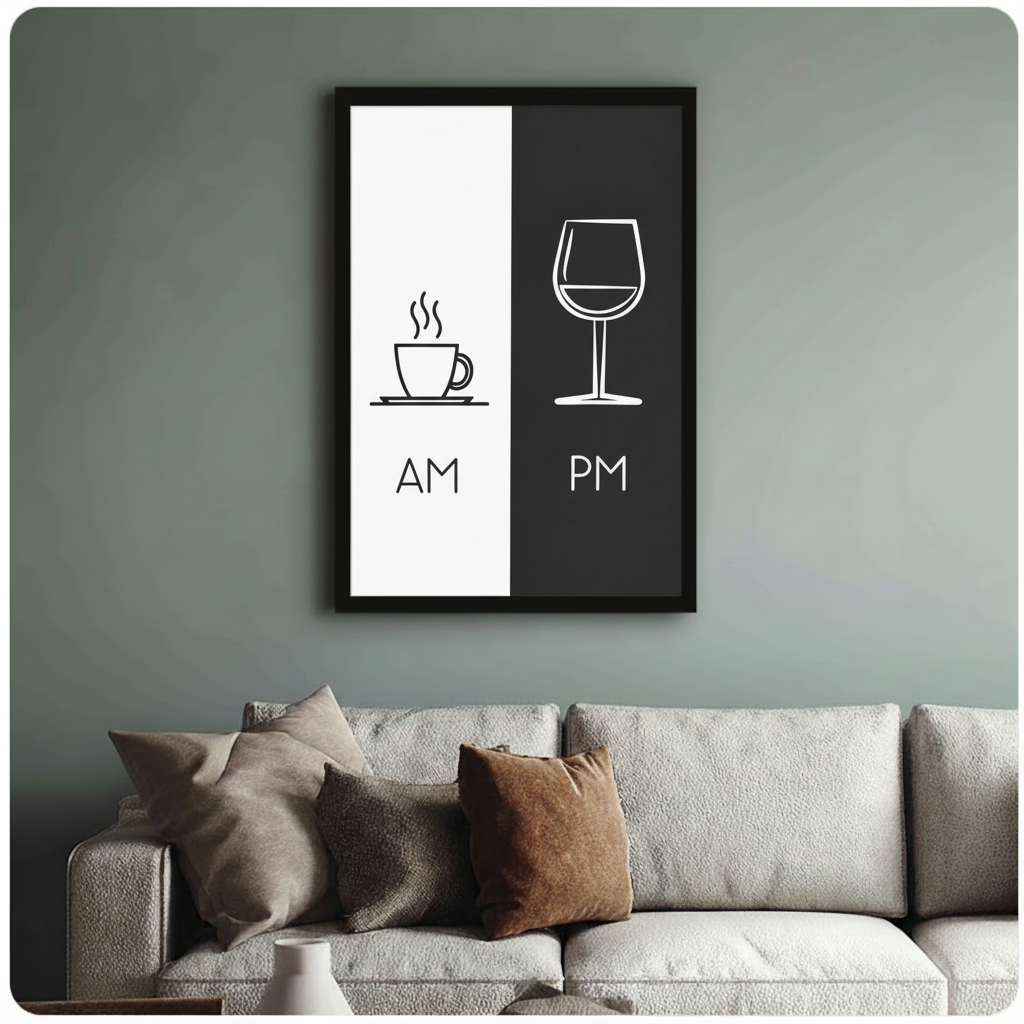 Black framed AM PM coffee and wine minimalist print above grey sofa on sage green wall – funny kitchen bar wall art