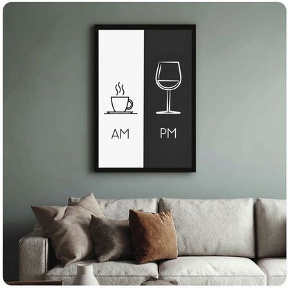 Black framed AM PM coffee and wine minimalist print above grey sofa on sage green wall – funny kitchen bar wall art