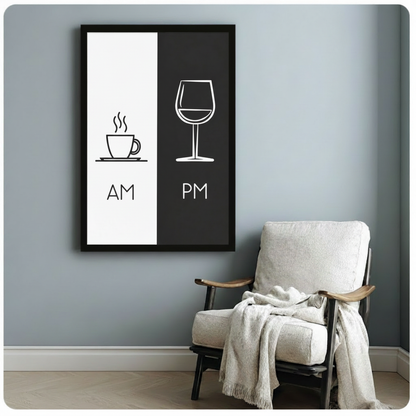 AM coffee PM wine black and white framed poster beside linen accent chair on blue-grey wall – minimalist home décor