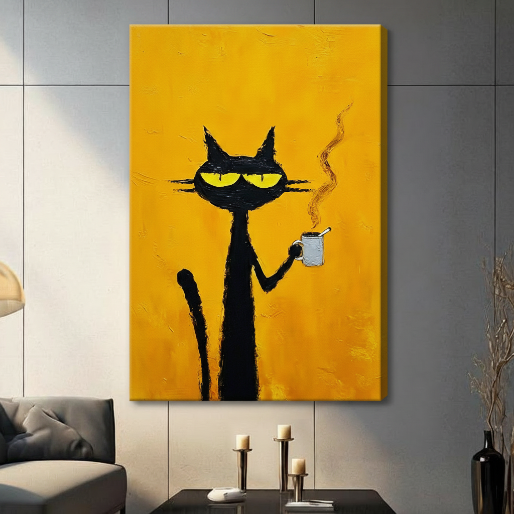 Gallery wrap stretched canvas of a grumpy black cat with yellow eyes clutching a hot coffee cup in thick brushstroke oil paint style on a vivid amber background, pop art wall decor above a dark gray sofa with candle holders and black vase in a modern living room
