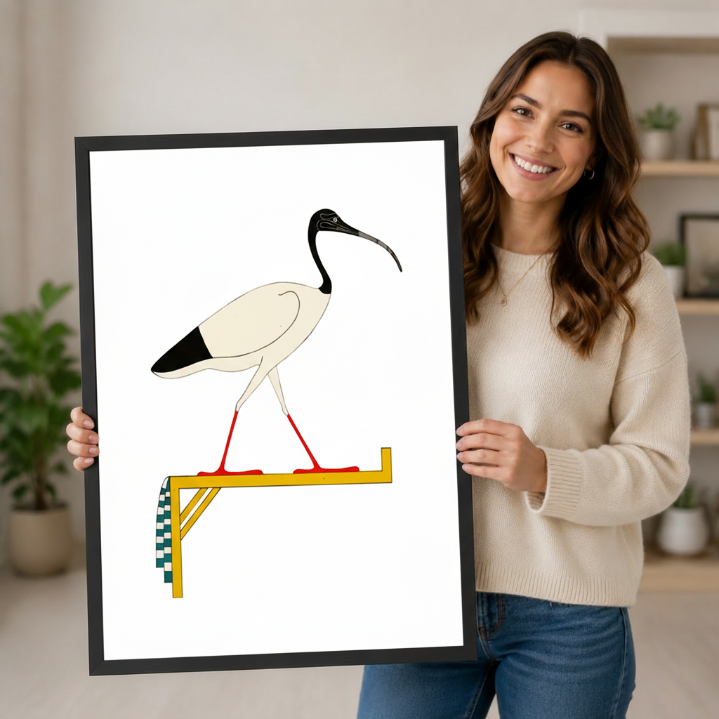 Smiling woman holding a large framed ancient Egyptian sacred ibis bird wall art print on white background showing artwork size and clean minimalist detail