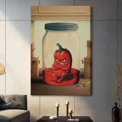 Unframed angry red chili pepper cartoon illustration trapped in glass mason jar canvas print on dark grey tile wall above modern living room — whimsical funny food character wall art for contemporary home decor