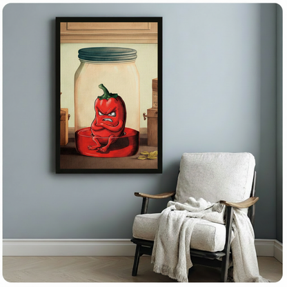 Black framed grumpy red chili pepper cartoon illustration trapped in glass mason jar canvas print beside white linen armchair on blue-grey wall — funny food character wall art for reading nook or home office decor