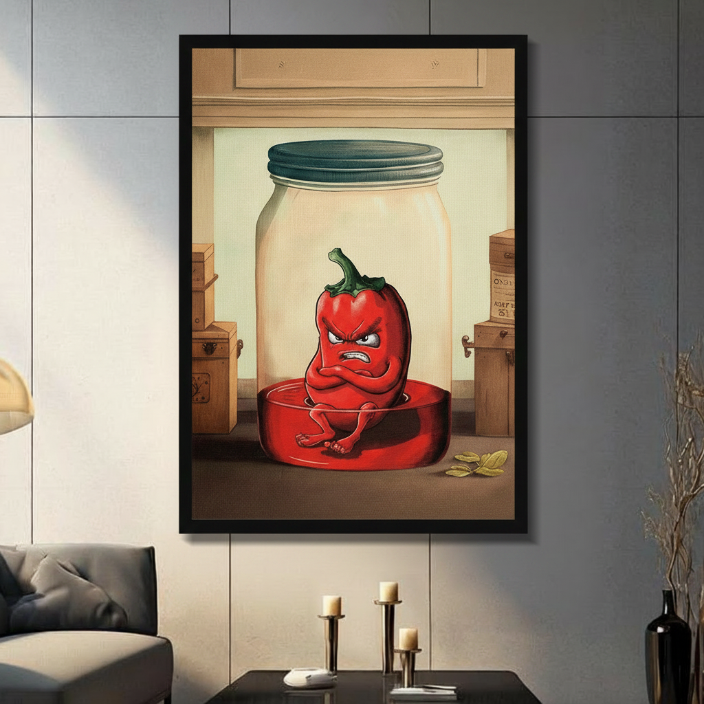 Black framed angry red chili pepper cartoon illustration trapped in glass mason jar canvas print on dark grey tile wall in contemporary living room — humorous vintage-style food character wall art for bold interior decor