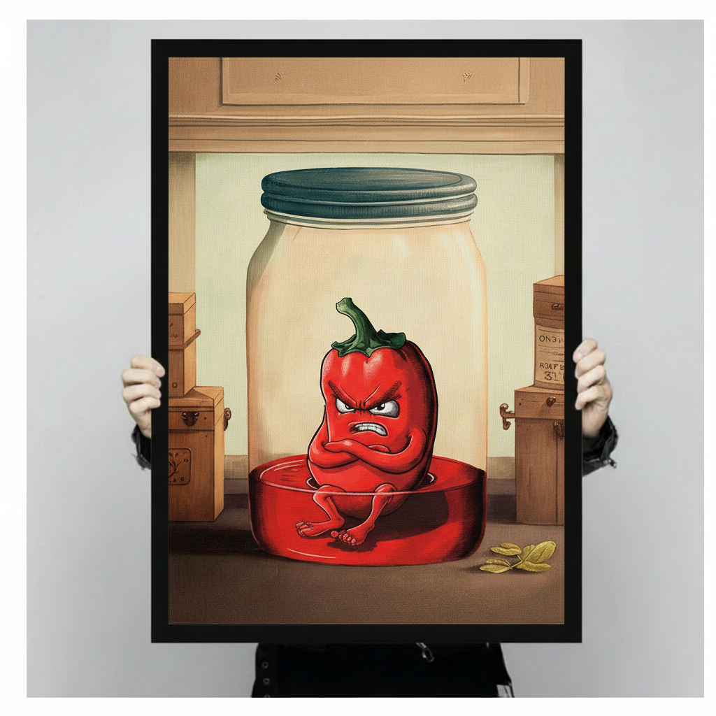 Person holding large black framed angry red chili pepper cartoon illustration in glass mason jar canvas print with both hands — close up view of humorous food character wall art with vintage warm tones