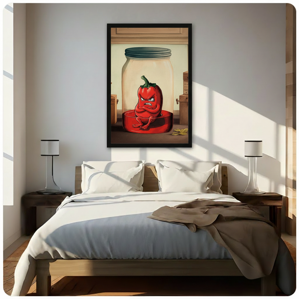 Black framed grumpy red chili pepper cartoon illustration sitting in glass mason jar canvas print above wooden bed in sunlit minimalist bedroom — whimsical food character wall art for modern bedroom home decor