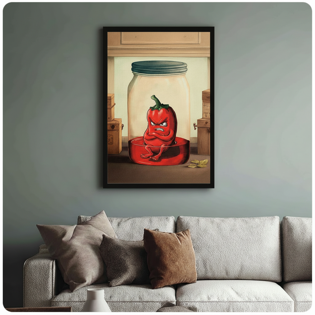 Black framed angry red chili pepper cartoon illustration sitting in glass mason jar canvas print above cream linen sofa on sage green wall — humorous food character wall art for stylish living room decor