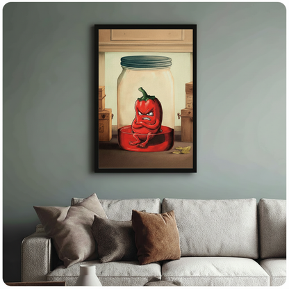 Black framed angry red chili pepper cartoon illustration sitting in glass mason jar canvas print above cream linen sofa on sage green wall — humorous food character wall art for stylish living room decor