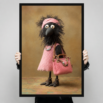 Close-up view of a premium art print showing a funny anthropomorphic crow in pink lace dress, turban headband, beaded necklace and pink designer bag