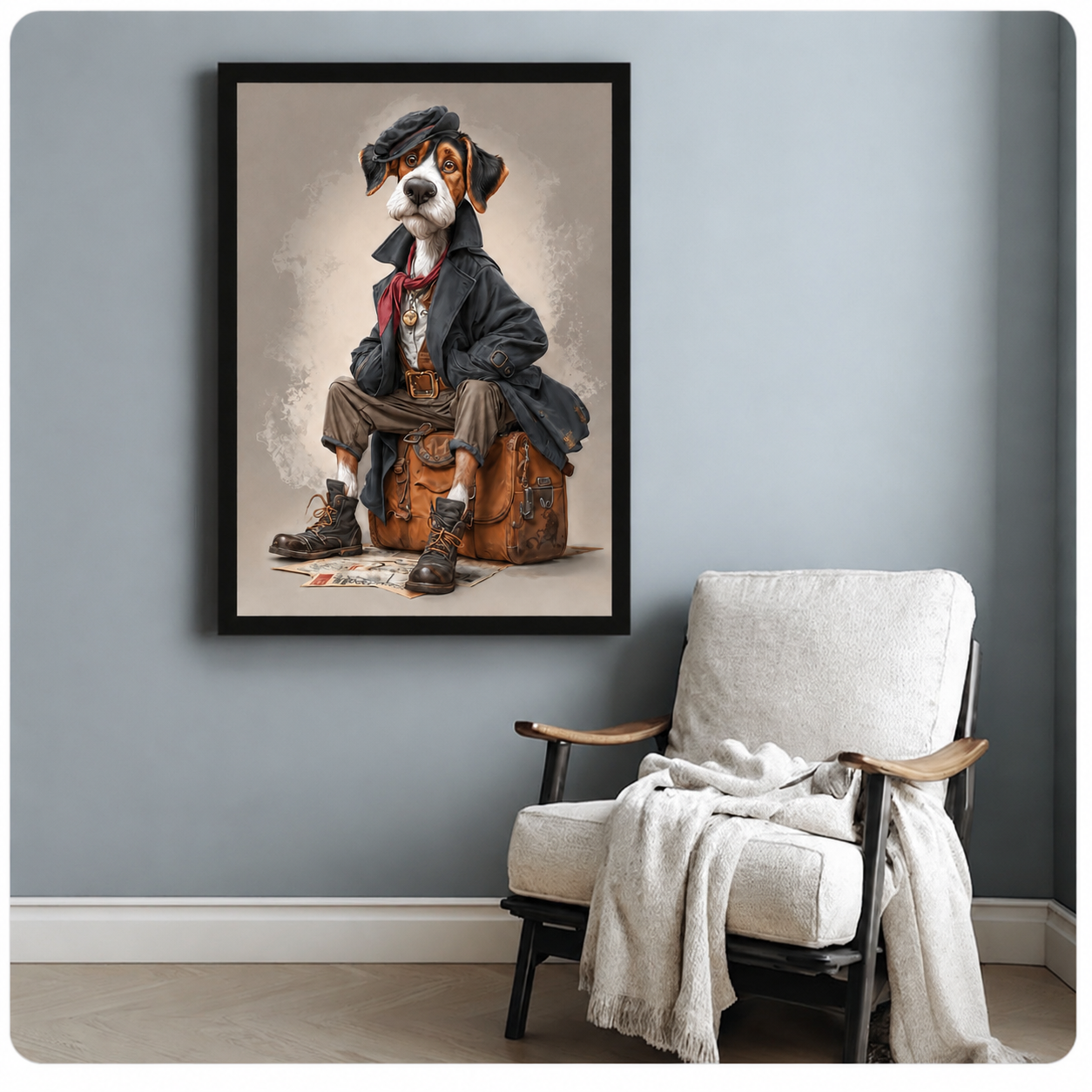 Black framed wall art of an adventurous anthropomorphic dog in vintage explorer outfit with leather boots, hung above a white armchair in a cozy reading nook