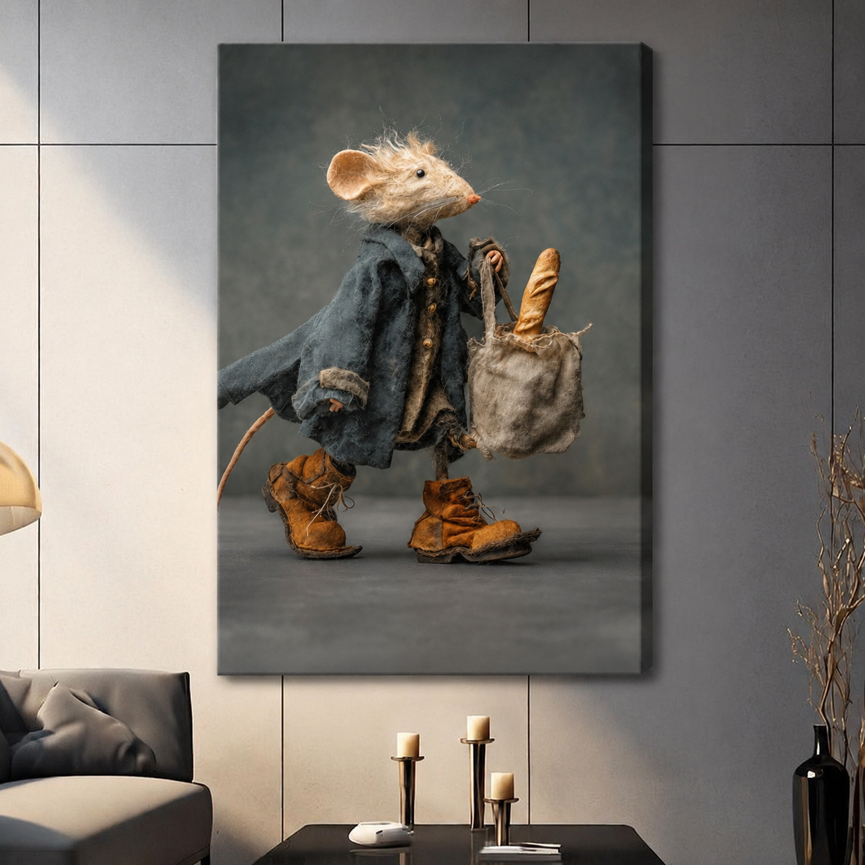 Frameless anthropomorphic mouse in blue coat canvas print, funny 3D character with baguette wall art for contemporary living room