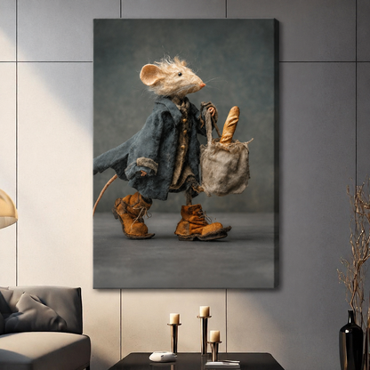 Frameless anthropomorphic mouse in blue coat canvas print, funny 3D character with baguette wall art for contemporary living room