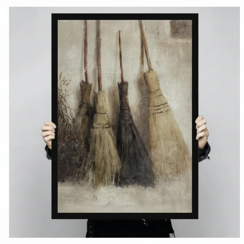 Antique straw brooms oil painting in black frame held in hands, product mockup showing witchy cottagecore wall art print size and premium frame quality