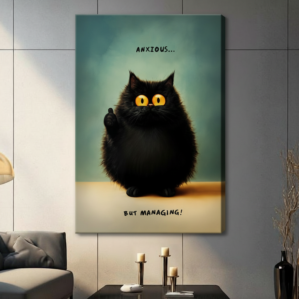 Frameless canvas wall art featuring fluffy black cat with glowing yellow eyes and humorous Anxious But Managing quote on teal background
