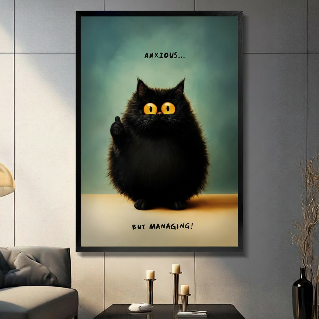Funny black cat wall art print with text Anxious But Managing in black frame displayed on dark gray wall in modern living room