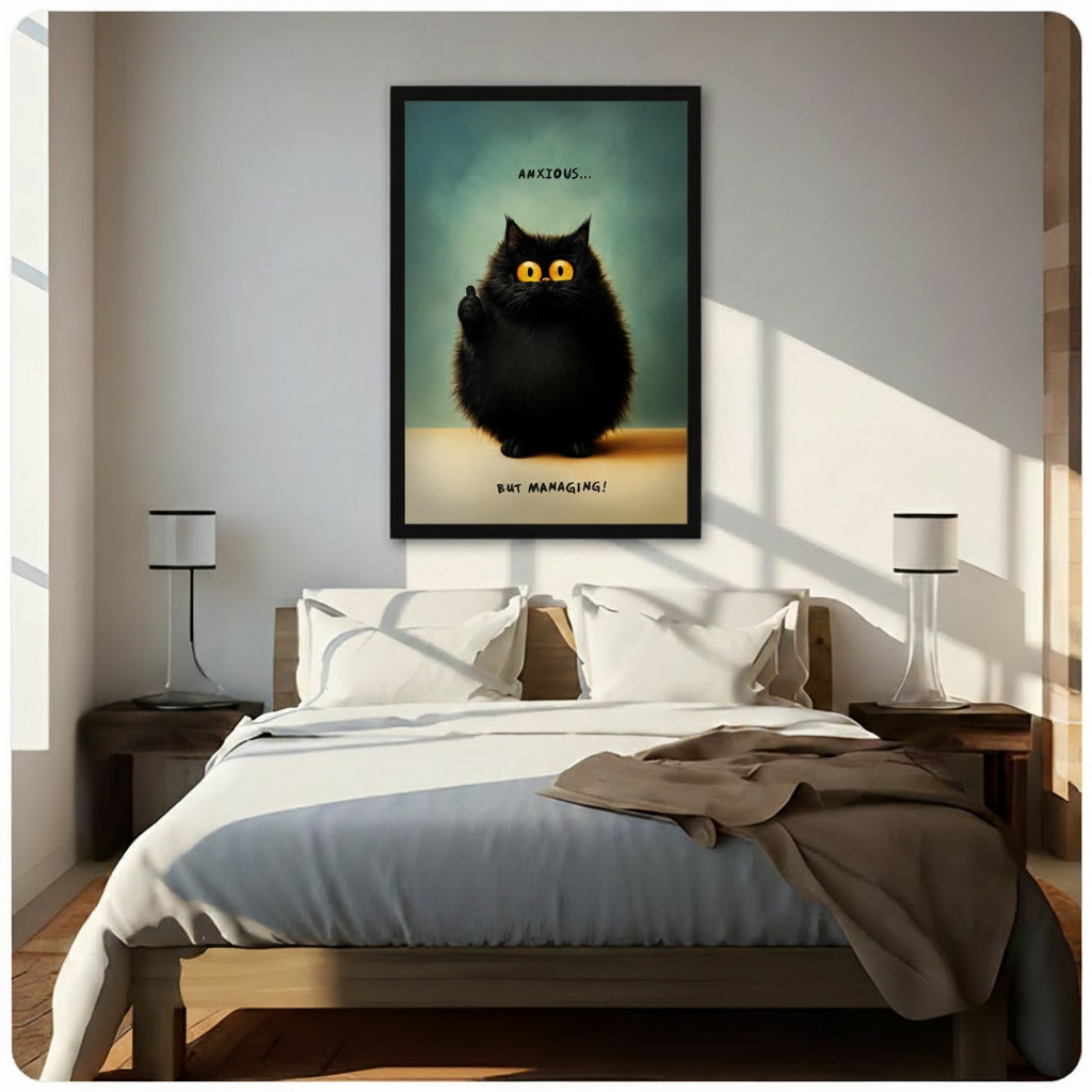 Person holding large black framed humorous black cat art print showing wide-eyed fluffy cat with Anxious But Managing quote
