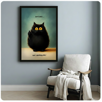 Black framed funny cat poster with Anxious But Managing text hanging on light blue-gray wall beside a cozy white linen armchair