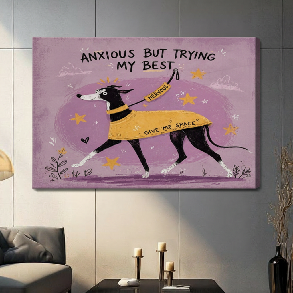 Anxious But Trying My Best cartoon greyhound stretched canvas print hanging on a gray wall above a dark sofa in a contemporary living room setting