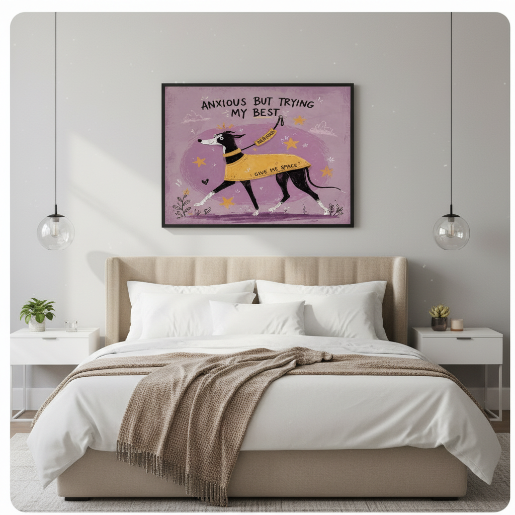 Anxious But Trying My Best funny greyhound framed canvas art above a beige upholstered bed with white linen bedding, a taupe throw blanket, white nightstands, potted plants, and globe pendant lights