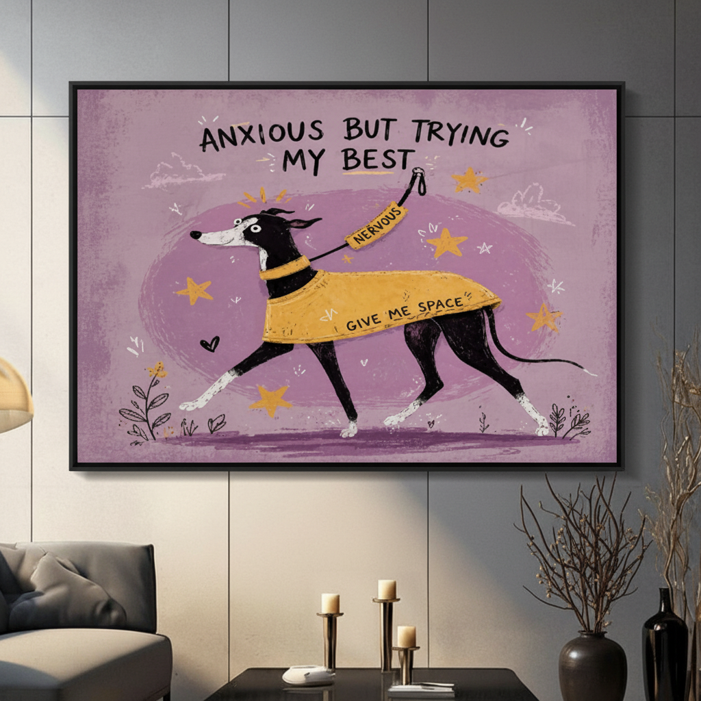 Anxious But Trying My Best funny greyhound canvas wall art in black frame displayed above a dark console table in a modern living room with candle holders and decorative vases