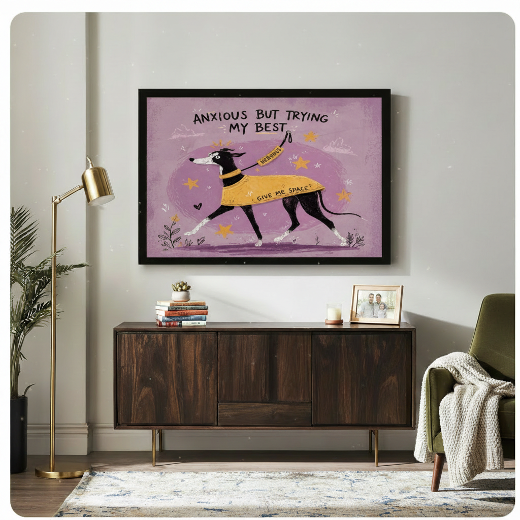 Anxious But Trying My Best greyhound wall art in black frame above a dark walnut sideboard with stacked books, a gold floor lamp, olive green armchair, and indoor palm plant in an eclectic living room
