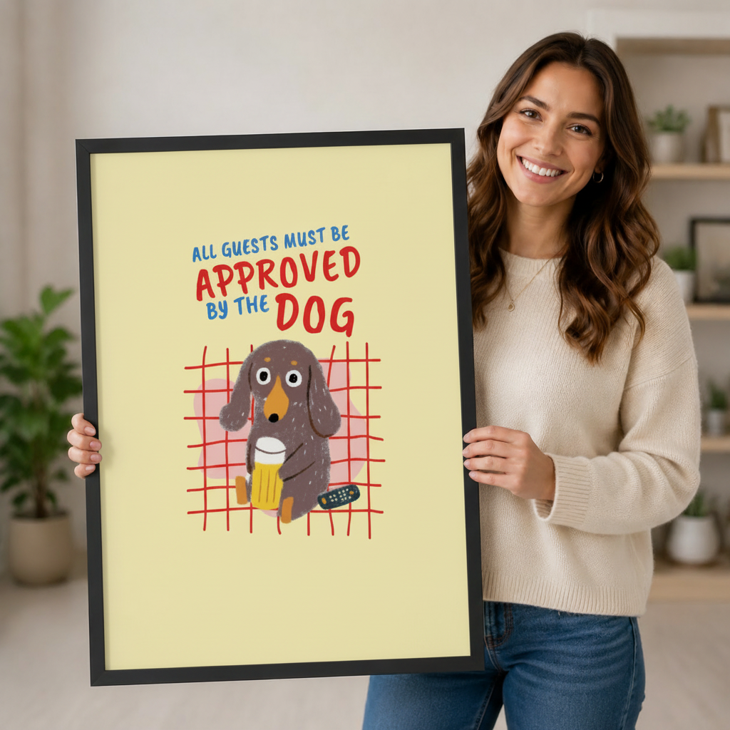 Smiling woman holding a large framed dachshund print – All Guests Must Be Approved By The Dog funny dog poster gift idea