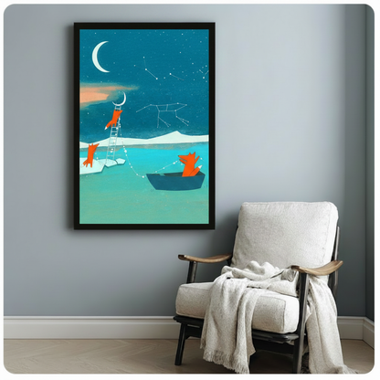 Framed arctic fox starry night art print hanging on light gray wall beside cozy armchair with throw blanket