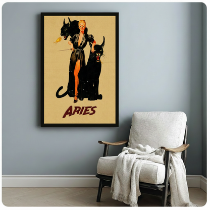 Black framed Aries astrology vintage poster with pin-up woman and roaring black panthers hanging on light blue-gray wall beside a cozy linen armchair