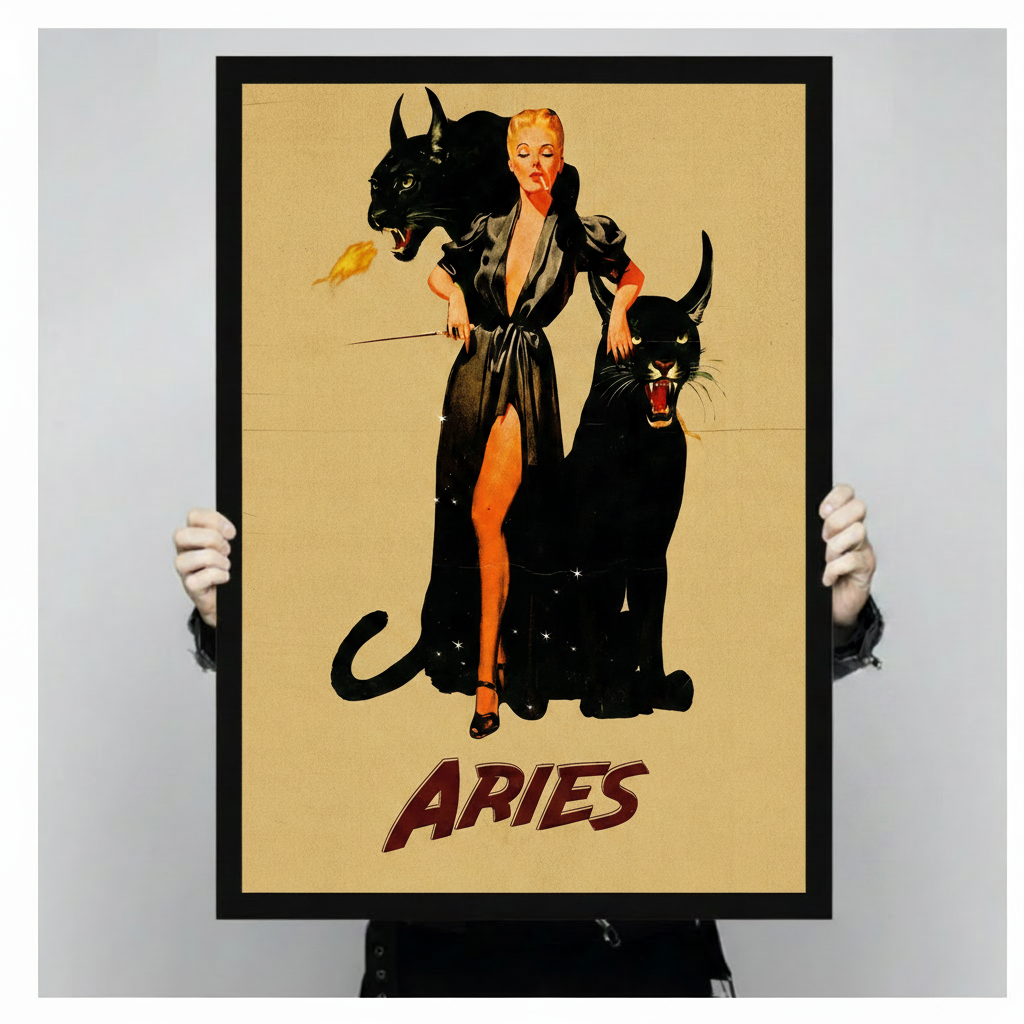 Person holding large black framed Aries zodiac retro art print showing glamorous woman in black gown commanding two black panthers on vintage beige background