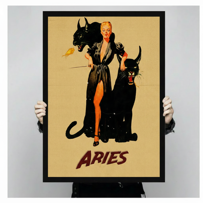 Person holding large black framed Aries zodiac retro art print showing glamorous woman in black gown commanding two black panthers on vintage beige background