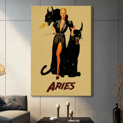 Frameless stretched canvas print of retro Aries zodiac illustration with glamorous pin-up woman and two black panthers on warm beige background