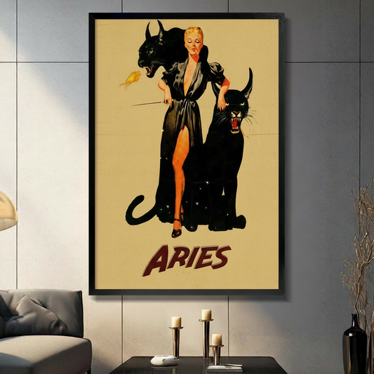 Vintage Aries zodiac pin-up wall art featuring a bold woman in black satin gown flanked by two roaring black panthers, displayed in black frame on dark gray wall in modern living room