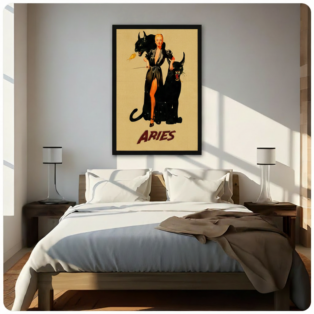 Aries zodiac pin-up vintage poster in black frame mounted above bed in bright minimalist bedroom with warm natural sunlight and white bedding