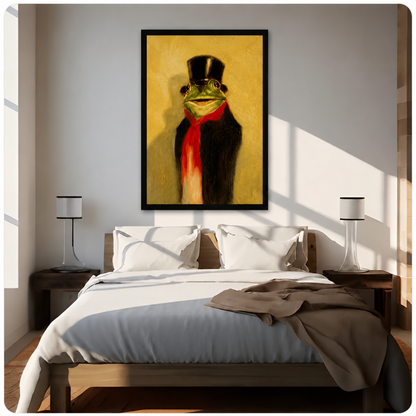 Framed aristocratic frog portrait painting hung above a bed in a bright bedroom, featuring a black top hat, red scarf, and golden ochre background
