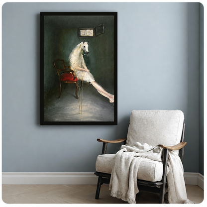 Surreal horse woman canvas wall art in a black frame beside a cream armchair and draped blanket.