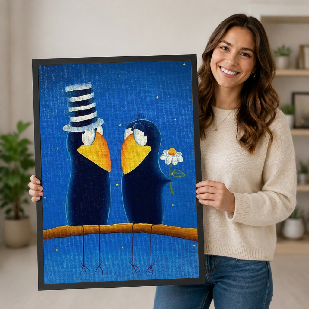 Smiling woman in a cream sweater holding a large vertical black framed whimsical folk art romantic crow couple canvas art print showing two plump dark navy blue cartoon crows on a warm amber branch facing each other, one with a tall black and white striped stovepipe top hat and the other holding a white daisy, both with golden yellow beaks and white eye rings on a deep cobalt blue starry night background with scattered gold sparkle dots in a bright plant-filled room
