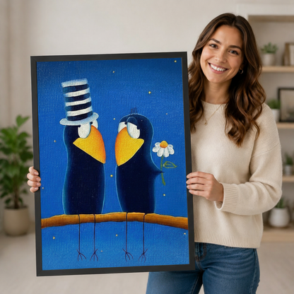 Smiling woman in a cream sweater holding a large vertical black framed whimsical folk art romantic crow couple canvas art print showing two plump dark navy blue cartoon crows on a warm amber branch facing each other, one with a tall black and white striped stovepipe top hat and the other holding a white daisy, both with golden yellow beaks and white eye rings on a deep cobalt blue starry night background with scattered gold sparkle dots in a bright plant-filled room