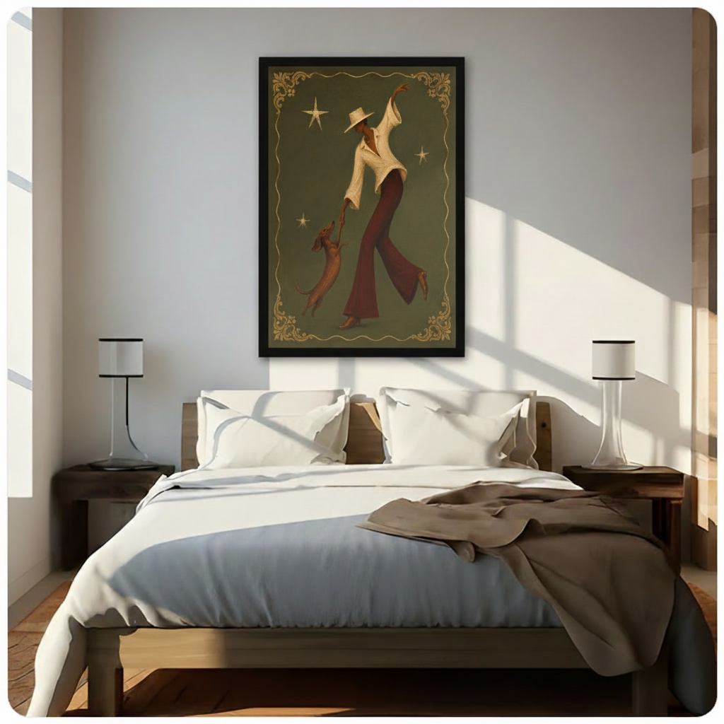 Art deco framed wall art print of a stylish dancing woman with a dachshund and gold star motifs, displayed above a bed in a bright minimalist bedroom