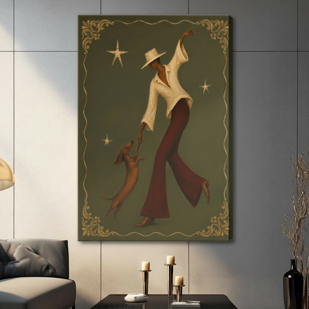 Gallery wrapped canvas print featuring an art deco style elegant woman with flared pants dancing with a dachshund, gold ornamental border and stars, hung in a contemporary living room