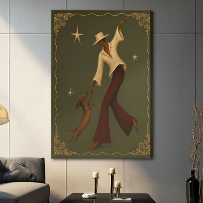 Gallery wrapped canvas print featuring an art deco style elegant woman with flared pants dancing with a dachshund, gold ornamental border and stars, hung in a contemporary living room