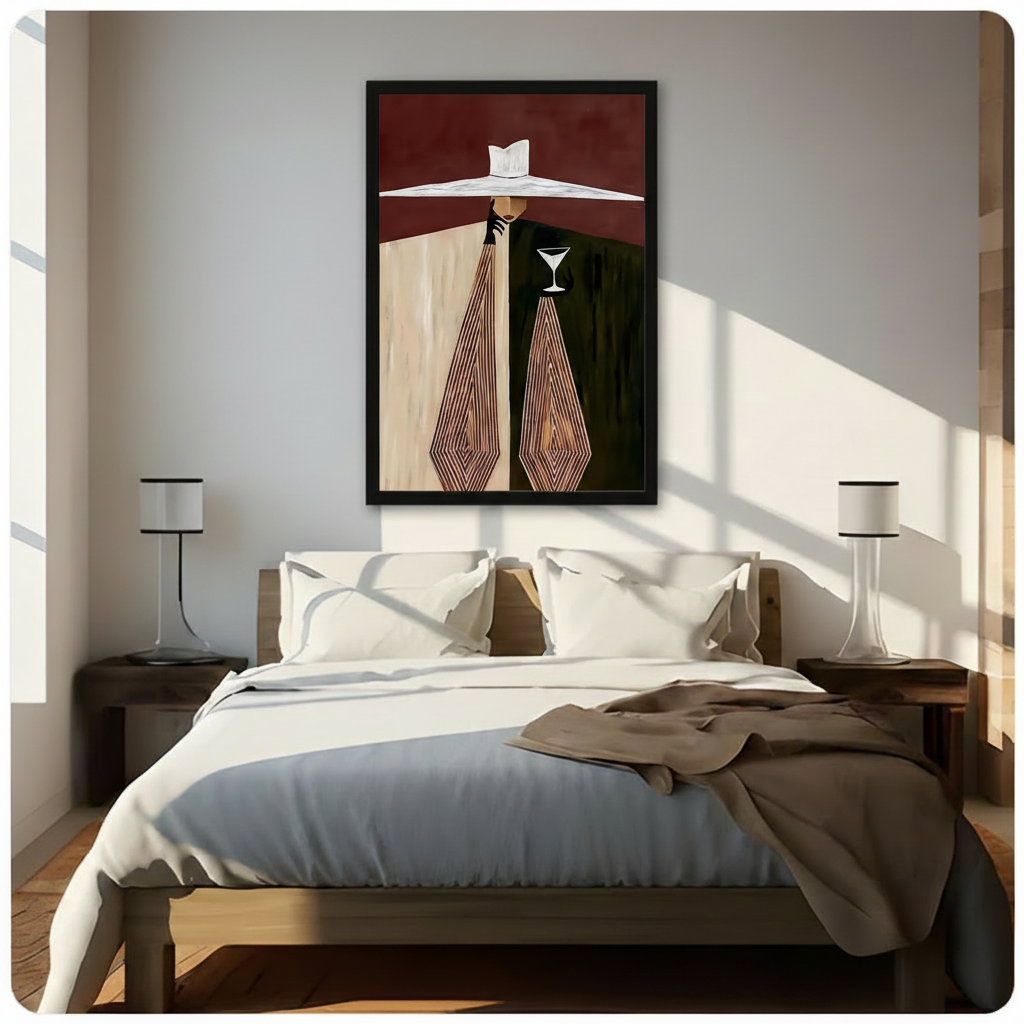 Art Deco elegant woman canvas wall art in black float frame above wooden bed with white bedding and linen throw, flanked by two white cylinder table lamps, natural sunlight casting diagonal shadows